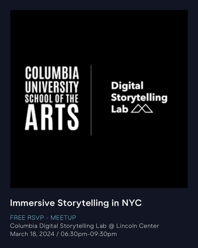 EVENT — John Kudos will be on a panel to discuss “Immersive Storytelling in NYC” hosted by Lance Weiler, Director of Columbia University Digital Storytelling Lab. Come and say 👋🏽 — Monday March 18, 6:30pm, Lincoln Center

It’s free to RSVP: https://meetu.ps/e/MXQ5z/1Wjl3/i

#digitalstorytelling #columbiauniversityschoolofthearts